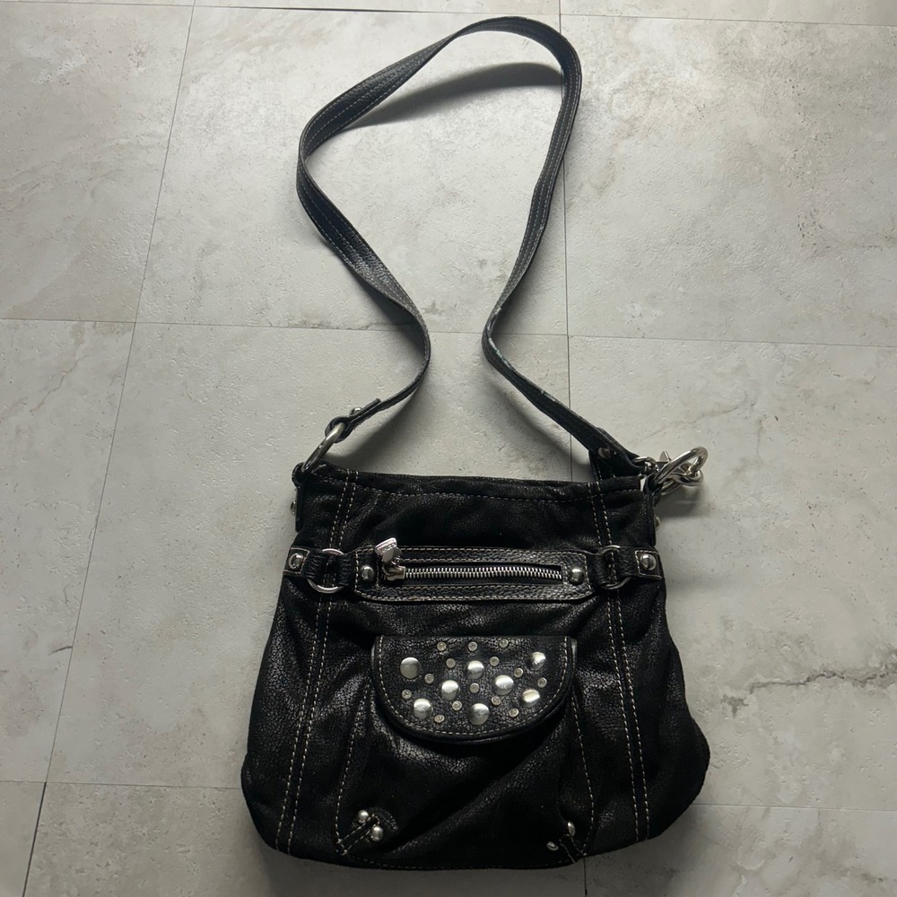 Kathy Van Zeeland Crossbody Bag Black Women Small Studded Faux Leather Y2K Purse